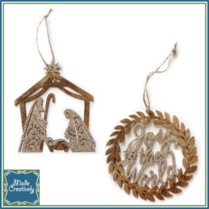 Wooden Nativity Christmas Ornament with Champagne Glitter